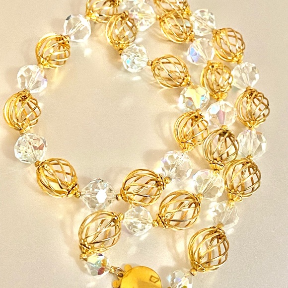 Vintage Crystal Gold Plated Beads Necklace Aurora Borealis Faceted Crystal Bead - Picture 4 of 12